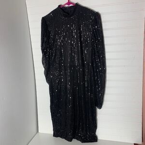 Mabell Black Sequin Mock Neck Long Sleeve Dress Size L